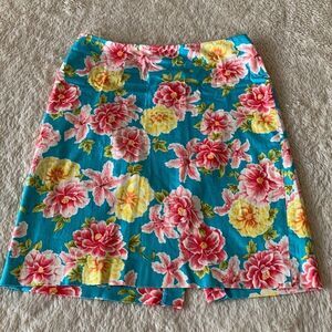 Jones New York colorful A-line blue skirt with pink and yellow flowers size 8